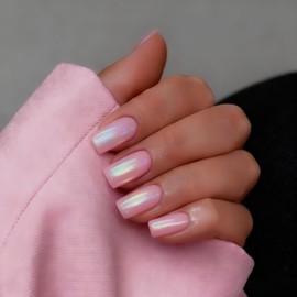 KQueenest Pink Chrome Press On Nails Medium Square, Sparkly Glitter Short Fake Nails With Glue, Glazed Chrome Acrylic Nails Press ons, Reusable Shiny Glue on Nails for Women in 24 Pcs
