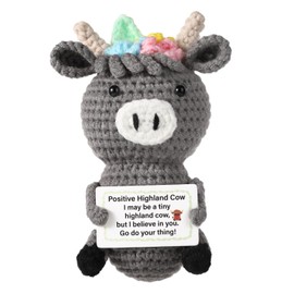lasuroa Positive Highland Cow, Crochet Highland Cow Positive Doll Emotional Support Plush Animals Toy with Positive Messages Knitted Highland Cow for Encouragement Gifts Party Decoration (Dark Grey)