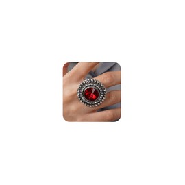 Jumwrit Vintage Knuckle Ring - Silver Rhinestone Big Round Adjustable Finger Ring - Indian Style for Women (Red)