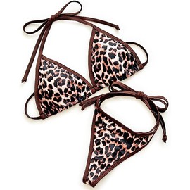 (JULIUS) Leopard Print Triangle Bikini Top and Bottom Set Thongs Women's Women's Polyester Animal Leopard Stretch Brown Julius