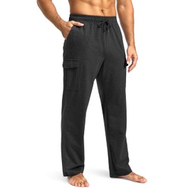 Pudolla Men's Cotton Sweatpants with Cargo Pockets Open Bottom Yoga Pants for Men Lounge Pants for Athletic Workout Casual(Charcoal Large)