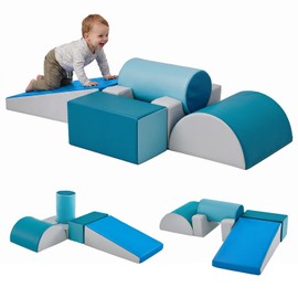 JungleDove Foam Climbing Blocks Set for Toddlers – 6-Piece Soft Play Gym with Ramp, Arch & Building Blocks, Wipe-Clean PU Leather Indoor Climbing Toys, Modern Blue-Grey Nursery Decor