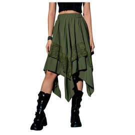 Verdusa Women's Renaissance Skirt Lace Flowy Fairy Skirt Y2k Layered Asymmetrical Midi Skirt Army Green Large