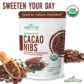 Cacao Nibs Naturally Sweetened with Yacon Syrup | Raw Organic, Sugar Free, Keto, Paleo and Vegan Friendly | Antioxidant and Protein Rich Criollo Chocolate Snack by Alovitox | 16 oz (2 x 8 oz)