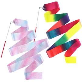 2 Pcs Dance Ribbons,Gymnastics Ribbon 78.7 Inch Twirling Dancing Ribbons Sparkly Dance Ribbon Birthday Party Decorations,Suitable for Girls Children Adults Ballet(Sparkling Stars and Gradient Colors)