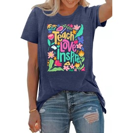 PECHAR Teacher Shirts Women Teach Love Inspire Boho T Shirts Funny Wildflowers Short Sleeve Tee Tops Darkblue