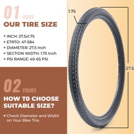 2 PCS 27.5x1.75 Bike Tires, Durable Folding 47-584 27.5 x 1.75 Road Bicycle Tires, Replacement Bike Tires for Road Gravel Bicycle, Clincher（M-064）