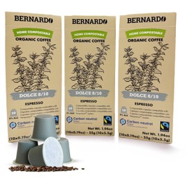Bernardo DOLCE Espresso Biodegradable Capsules Compatible with Nespresso Original Line, Intensity 8/10, USDA Organic, Home Compostable Capsules. 30 Count (3 Boxes of 10 Espresso Pods)