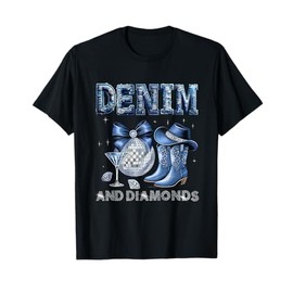 Western Cowgirl Boots Hat Blue Bow Denim and Diamonds Disco T-Shirt