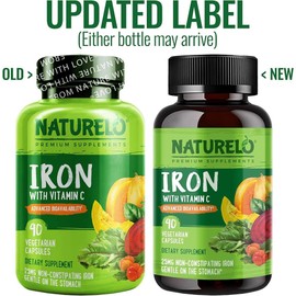 NATURELO NATURELO Iron Supplement with Vitamin C & Whole Foods - Gentle Iron Pills for Women & Men with Iron Deficiency Including Pregnancy, Anemia and Vegan Diets - 90 Mini Capsules | 3 Month Supply