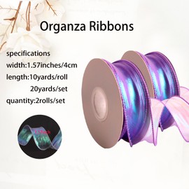 CMFYHM 2 Rolls Laser Purple Organza Ribbon 1-1/2 Inch Wide 10 Yards for Gift wrap Bow DIY Craft Bouquet Wreath Baking Baby Shower Wedding Parties Valentine Christmas Tree Decoration