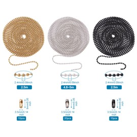 PandaHall Stainless Steel Ball Chain 2.4mm 3 Colors 10M Bead Extension with Ball Chain Connector for DIY Jewelry Bracelet Label Making