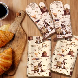Arquiel Vintage Coffee Kitchen Towels and Oven Mitts Set 4Pcs, Soft Absorbent Dish Cloth Heat Resistant Oven Gloves for Cooking Baking Kitchen Decoration, Gifts for Her
