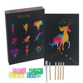 Rluobo Scratch Pictures for Children, 60 Sheets Rainbow Scratch Paper, 5 Wooden Pens, 4 Painting Stencils, Magic Scratch Book, Scratch Paper Set for Drawing and Crafts, Scratch Book Girls/Boys, 13 x