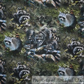Springs Creative BonEful Fabric FQ Cotton Quilt Brown Raccoon Wild Animal Face Scenic Tree Woods