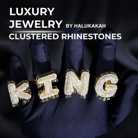 HALUKAKAH 18K Real Gold Plated Initial KING Bubble Letter Ring Set for Men and Women - Handset Diamonds - Size Adjustable - Clustered Rhinestones Letter Waterdrop - Giftidea for Loved Ones