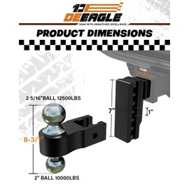 Adjustable Trailer Hitch, Fits 2 inch Receiver, 4 inch Drop/Rise Aluminum Drop Hitch, 12500LBS GTW, 2” & 2-5/16” Dual Ball, Ball Mount for Truck with Anti-Theft Hitch Locks, Hitch Tightener, Black