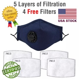 Unbranded Reusable Cotton Face Mask NAVY BLUE PM2.5 Respirator Cover with 4 FREE FILTERS