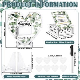 Colingmill Wooden Wedding Guest Book Alternative with 100 Wood Hearts Chips, Drop Box and Pen Eucalyptus Leaves Theme Heart Picture Frame Rustic Wedding Guest Book Decor for Reception Ceremony (White)