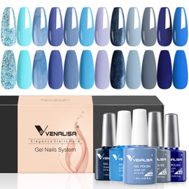VENALISA Royal Blue Gel Nail Polish Set, 12Pcs Navy Dark Blue Gel Polish Kit Baby Light Blue Color Nail Polish Gel High Gloss Soak Off Gel Nail French Nail Manicure Salon DIY