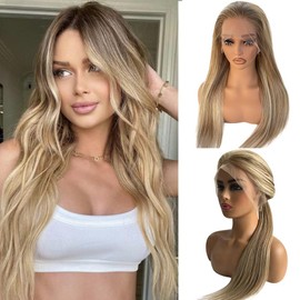 Highlight Platinum Blonde Wig Human Hair 13x4 HD Balayage Glueless Wigs 150% Density Ash Brown to Blonde with Light Brown Roots Highlights Lace Front Wigs for Women Pre Plucked 26 Inch Human Hair Wig