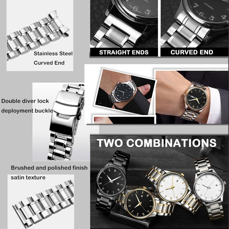 Hstrap 20mm Brushed Watch Band, Curved End Straight End Metal