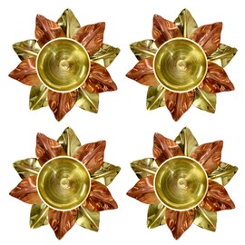 Craftsman Brass Copper Lotus Flower Petals Kamal Shape Metal Akand Diya for Traditional Indian Festive Diwali Deepawali Puja Pooja Dia Home Temple Decoration Oil Lamp Gift Items (Pack of 4)