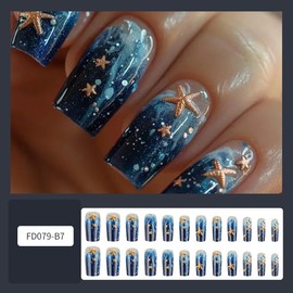 Summer Press on Nails Long Square False Nails Starfish Fake Nails Embossed Starfishes Blue Gradient Wave Design Glossy Full Cover Reusable Glue on Nail for Women DIY Holiday Manicure