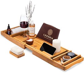 LUXORIA Expandable Bathtub Caddy Tray - Water Resistant Bamboo Bath Table with Detachable Trays, Non-Slip, Bathtub Tray with Glass and Phone Holder, Plus Free Soap Holder