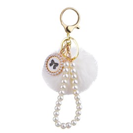 Guqqeuc Wristlet PomPom KeyChain Fluffy Keyring Pom Pom Faux Fur Keyring for Car Keys Bag Accessories Charm Pearl Bow Keyring for Women Girls Pom Poms Key Ring Bracelet White Fluffy Pompom Keyring
