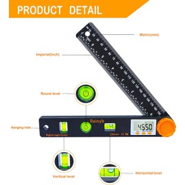 Rainyb Digital Angle Finder Tool 7inch 0-360 degree LED Digital Protractor with Horizontal Vertical Bubble Levels and Ruler Meter Accurate Tools for Carpenters,Woodworkers,Fabricators