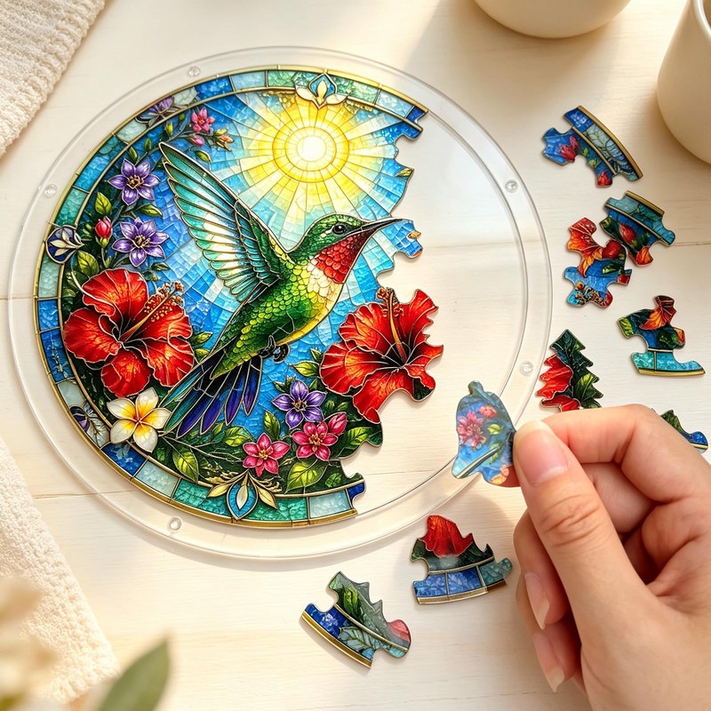 Acrylic Jigsaw Puzzle Suncatcher - Hummingbird Garden Decor 8.9inch