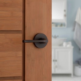 Kwikset Lisbon Interior Privacy Door Handle with Lock, Round Lever for Bathroom and Bedroom, Venetian Bronze Reversible Keyless Push Button Lock Door Lever, with Microban Protection