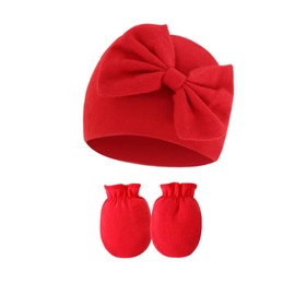 UTTPLL Newborn-Mittens-Hospital-Beanie-Scratch Gloves Set for 0-6 Months Big Bow Infant Caps Baby Girls Cotton Beanies Soft Cute Knot Nursery Headbands Hats Christmas Red