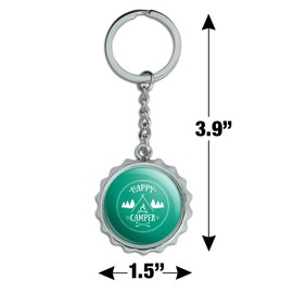 Happy Camper with Campfire Keychain Chrome Plated Metal Pop Cap Bottle Opener