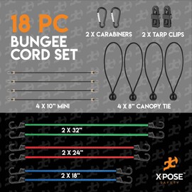 Heavy Duty 18pc Bungee Cord Set with Hooks, Canopy Ties, Luggage Net & Organizer Bag - Assorted Sizes (18", 24", 32") for Outdoor, Bike Racks, Motorcycles