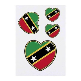 4 x 'Saint Kitts and Nevis Flag Heart' Temporary Tattoos - Water Resistant, Skin-Safe, Non-Toxic Transfers, Mixed Sizes (TO00063108)