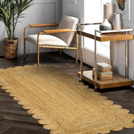 GRUHUM Scalloped Jute Runner Rug 2'6"x6'ft Natural Fibre Boho Reversible Handwoven Soft Rustic Vintage Farmhouse Jute Area Rug Indoor Outdoor Livingroom Kitchen Hallways Enterways Rectangular Rug