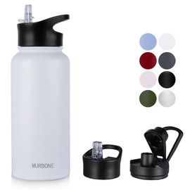 MURBONE Insulated Water Bottle, 1L Stainless Steel Drink Flask with Straw, BPA Free, 2 Lids (Straw Lid and Spout Lid), Leakproof Double Walled Vacuum Water Bottle, White