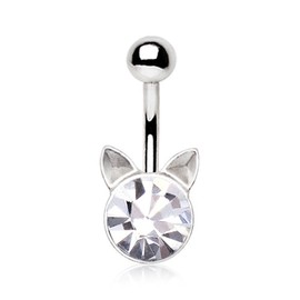 Pierced Owl 14GA 316L Stainless Steel CZ Crystal Cat Head Belly Button Ring
