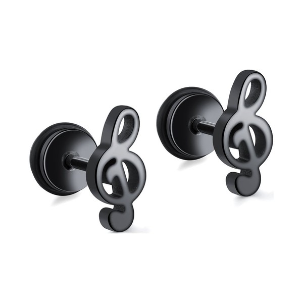 Xusamss Punk Piercing Music Earrings Stainless Steel Note Stud Earrings(Black)
