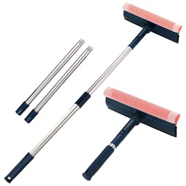 Escobilla de goma multiusos con mango de 56 pulgadas de largo, herramientas de limpieza de ventanas 2 en 1 con doble hoja lateral de goma y esponja de fregador, escobilla de ducha para puertas de