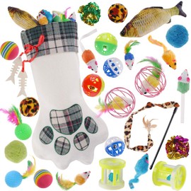 QBSM Cat Christmas Plaid Pet Paw Stockings with 26 Pcs Cat Toys for Cats and Kitten (Cat with 26 Toys)