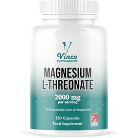 Vinco Magnesium L-Threonate Supplement - 120 High Strength Magnesium L Threonate Capsules - 2000mg Bioavailable Form of Magnesium per Serving - Non-GMO & Gluten Free - Made in The UK