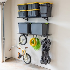 StoreYourBoard Heavy-Duty Garage Wall Mounted Shelves, 1' x 4' Wall Mount Storage Shelf with Hooks, 2 Pack, Holds 200 lbs Each