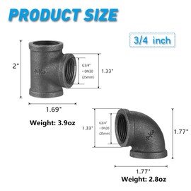 Home TZH 3/4" Thereaded Tee & Elbow, 10 Pack Industrial Cast Malleable Iron Pipe Elbow/Tee for Steampunk Vintage DIY Pipe Decor Project/Furniture/Shelving Decoration (10, 3/4 Inch)