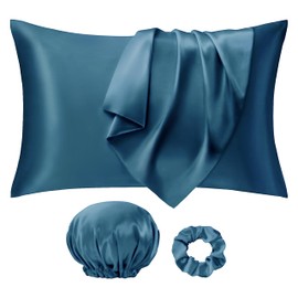Seiwohl Satin Pillowcases for Hair and Skin 2 Pack & Satin Hair Scrunchie and Bonnet Set, Silky Pillow Cases with Envelope Closure, Vintage Indigo, Standard Size 50x75 cm