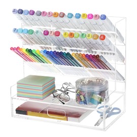 QWORK Acrylic Desk Organizers and Accessories – Multi-Compartment Storage with Drawer, Clear Pencil Organizer and Pen Holder