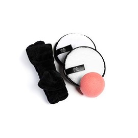 Freshy Face Set - Black Bow Headband, Konjac Sponge (Pink), 2 Cleansing Pads (White)