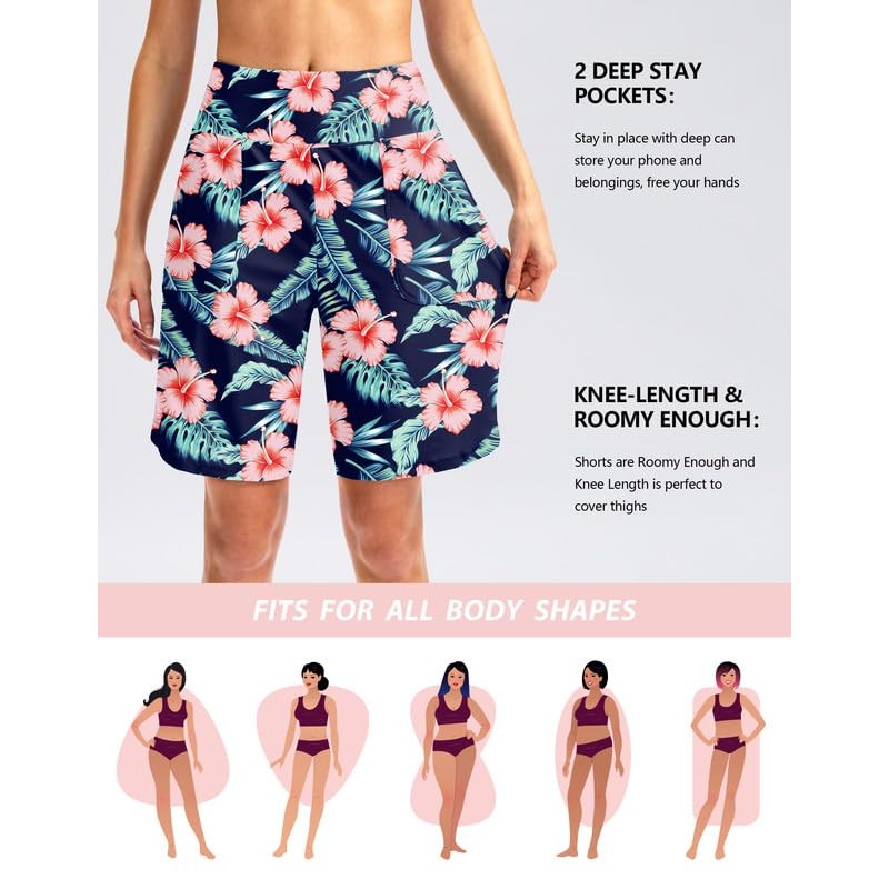 Viodia Women's 9" Long Swim Board Shorts with Pockets High